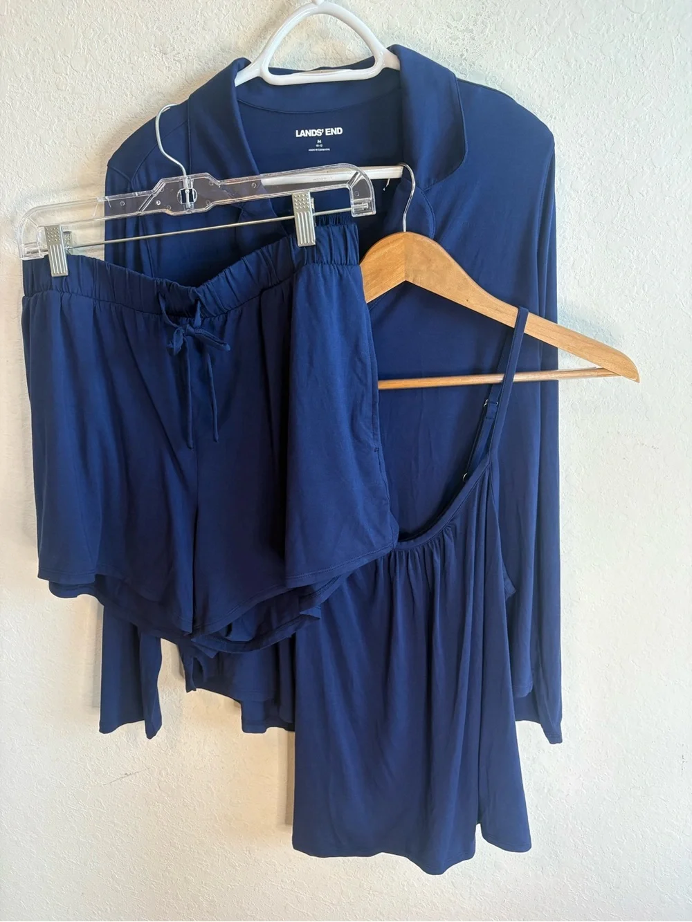 Lands' End Navy 3-Piece Pajama Set - Tank, Shorts & Long Sleeve Button Down